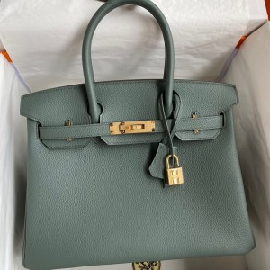 Hermes Birkin 30 Retourne Handmade Bag In Vert Amande Clemence Leather 