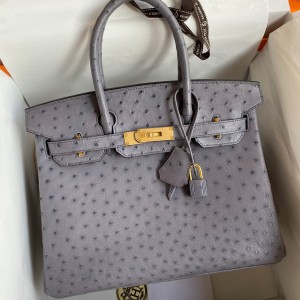 Hermes Birkin 30 Retourne Handmade Bag In Gris Asphalt Ostrich Leather 