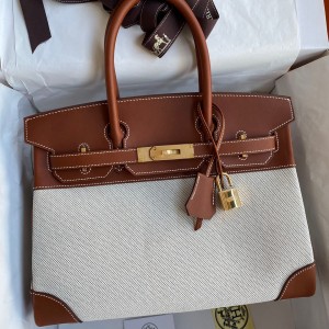 Hermes Birkin 30 Handmade Bag In Toile & Gold Swift Leather 