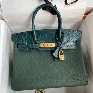 Hermes Touch Birkin 30 Bag in Green Clemence and Matte Alligator Leather 