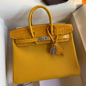 Hermes Touch Birkin 30 Bag In Yellow Clemence and Shiny Niloticus Crocodile Skin 