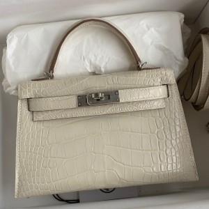 Hermes Kelly Mini II Sellier Handmade Bag In Beton Matte Alligator Leather