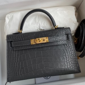 Hermes Kelly Mini II Sellier Handmade Bag In Graphite Matte Alligator Leather