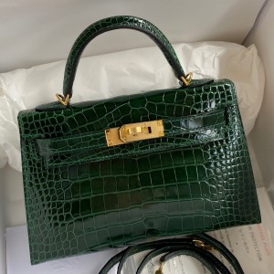 Hermes Kelly Mini II Sellier Handmade Bag In Malachite Shiny Alligator Leather