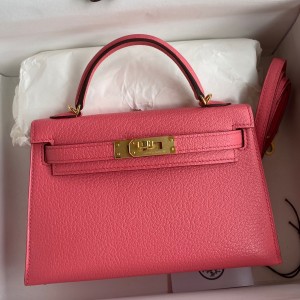 Replica Hermes Kelly Pochette Handmade Bag In Rose Mexico Chevre Mysore  Leather