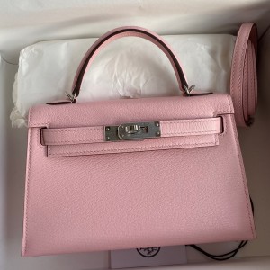 Hermes Kelly Mini II Sellier Handmade Bag In Rose Sakura Chevre Mysore Leather