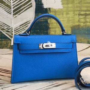 Hermes Blue Chevre Kelly Mini II Handmade Bag