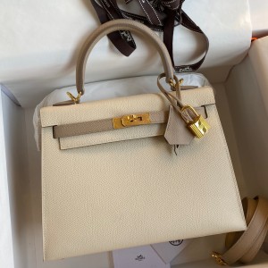 Hermes Kelly Sellier 25 Bicolor Bag in Craie and Trench Epsom Calfskin