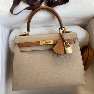 Hermes Kelly Sellier 25 Bicolor Bag in Trench and Craie Epsom Calfskin