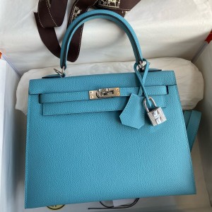 Hermes Kelly Sellier 25 Handmade Bag In Blue du Nord Epsom Calfskin 