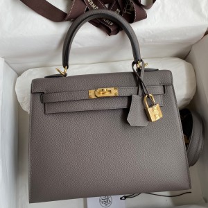 Hermes Epsom Kelly 25cm Sellier Handmade Etain Bag