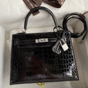 Hermes Kelly Sellier 25 Diamond Bag In Black Crocodile Niloticus Shiny Skin