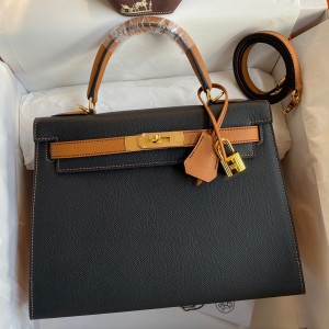 Hermes Kelly Sellier 28 Bicolor Bag in Black and Gold Epsom Calfskin