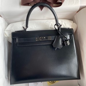 Hermes Kelly Sellier 28 Handmade Bag In Black Box Calfskin 