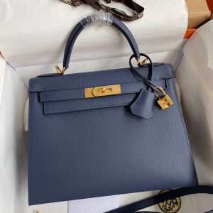 Hermes Kelly Sellier 28 Handmade Bag In Blue Saphir Epsom Calfskin