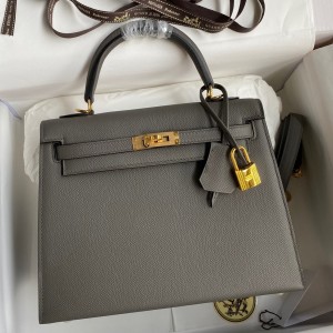 Hermes Kelly Sellier 28 Handmade Bag In Etain Epsom Calfskin