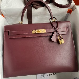 Hermes Kelly Sellier 35 Handmade Bag In Bordeaux Box Calfskin