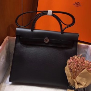 Hermes Herbag Zip 31cm Bag In Black Leather And Toile