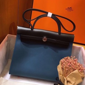 Hermes Herbag Zip 31cm Bag In Black And Blue