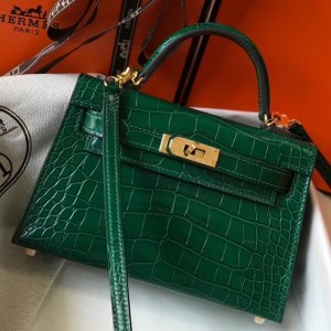 Hermes Kelly Mini II Bag In Green Crocodile Embossed Leather