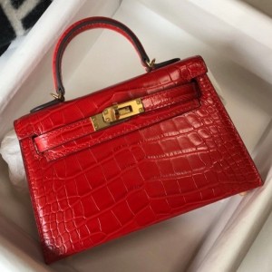 Hermes Kelly Mini II Bag In Red Embossed Crocodile Calfskin