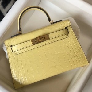 Hermes Kelly Mini II Bag In Jaune Poussin Embossed Crocodile Calfskin