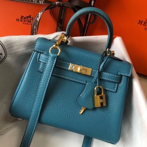 Hermes Mini Kelly 20cm Bag In Blue Jean Clemence Leather