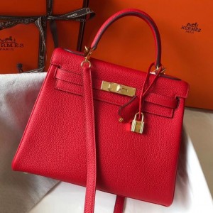 Hermes Red Clemence Kelly 28cm Bag