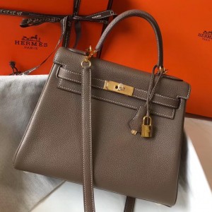 Hermes Taupe Clemence Kelly 28cm Bag