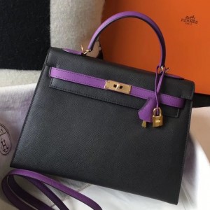 Hermes Bi-color Kelly 32cm Epsom Bag Black/Purple GHW