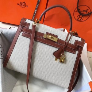 Hermes Kelly 32cm Sellier Bag In Canvas With Barenia Leather