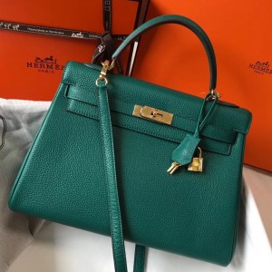 Hermes Kelly 32cm Retourne Bag In Malachite Clemence Leather