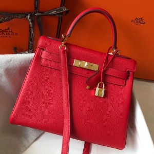 Hermes Red Clemence Kelly 32cm Retourne Bag