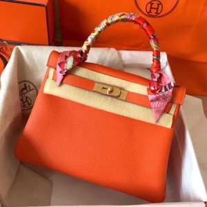 Hermes Orange Clemence Kelly 28cm Handmade Bag