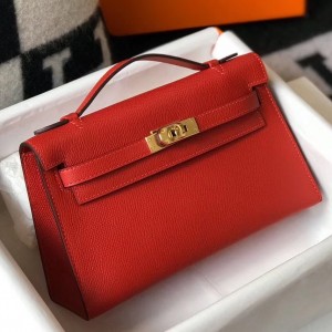Hermes Kelly Pochette Bag In Red Epsom Leather