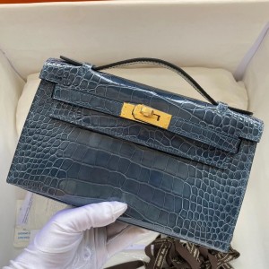 Hermes Blue Shiny Alligator Crocodile Kelly Pochette Bag