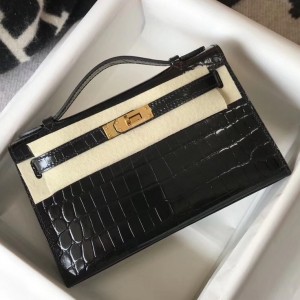 Hermes Kelly Pochette Bag In Black Embossed Crocodile Leather