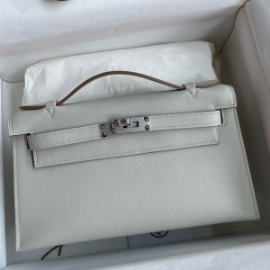 Hermes Kelly Pochette Handmade Bag In Pearl Grey Swift Calfskin 