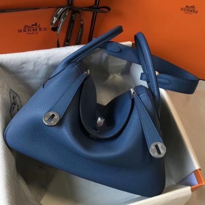 Hermes Lindy 30cm Bag In Blue Agate Clemence Leather 