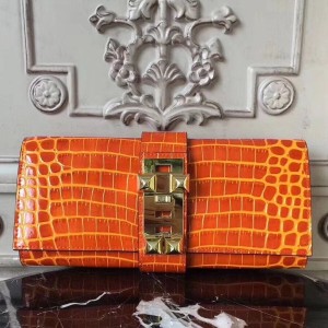 Hermes Medor Clutch Bag In Orange Crocodile Leather