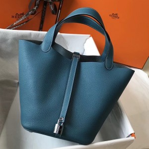 Hermes Picotin Lock 18 Bag In Blue Jean Clemence Leather