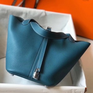 Hermes Picotin Lock 22 Bag In Blue Jean Clemence Leather