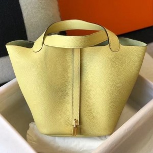 Hermes Picotin Lock 22 Bag In Jaune Poussin Clemence Leather