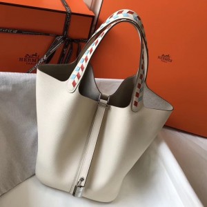 Hermes White Picotin Lock 22 Bag With Braided Handles