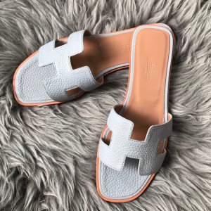 Hermes Oran Slide Sandals In Blue Lin Clemence Leather