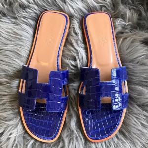 Hermes Oran Slide Sandals In Blue Electric Shiny Niloticus Crocodile Skin