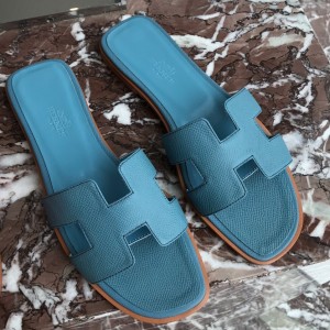 Hermes Oran Slide Sandals In Blue du Nord Epsom Calfskin