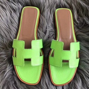 Hermes Oran Sandals In Apple Green Lizard Leather