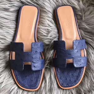 Hermes Oran Sandals In Blue Ostrich Leather