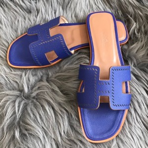 Hermes Oran Slide Sandals In Blue Epsom Perforated Calfskin